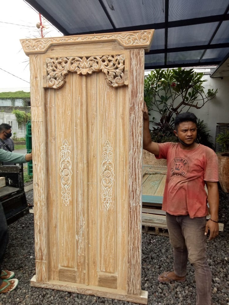 Balinese  Recycled Teakwood Natural wash finish  Door. hand Carved  panels
