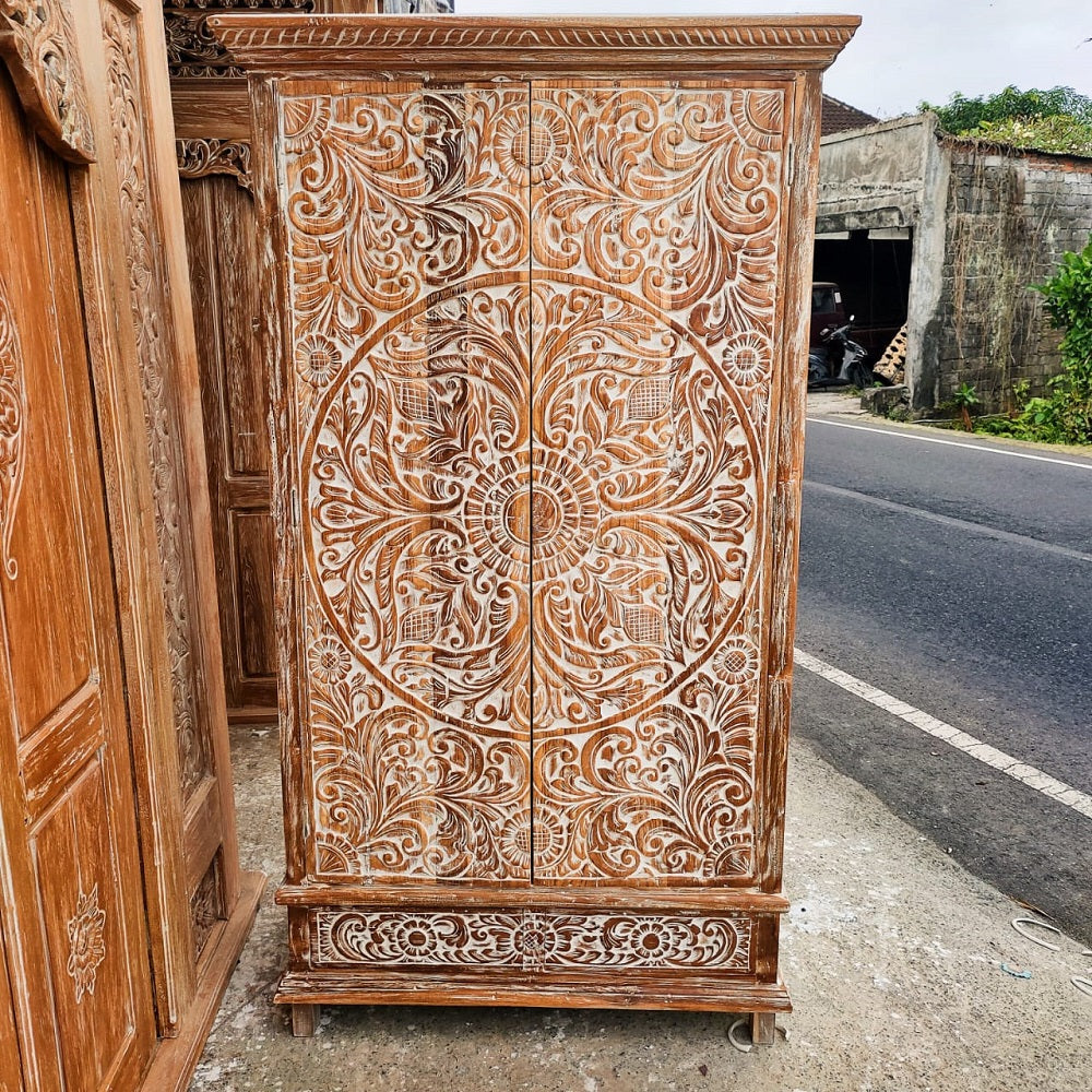 Cabinet Teak Handcarved Natural wash internal shelves 2 drawers