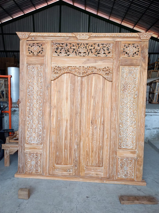 Balinese Doors Recycled Teak Hand Carved with Side Panels - Natural Wash Finish