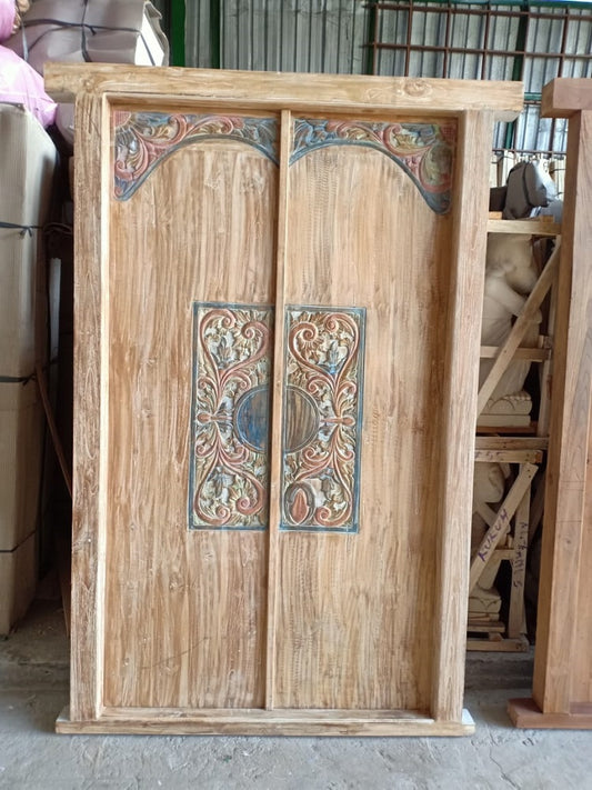 Balinese Recycled Teak carved Temple door with frame. coloured carving