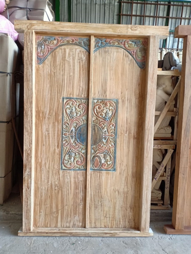 Balinese Natural finish Teak carved Temple door with frame.