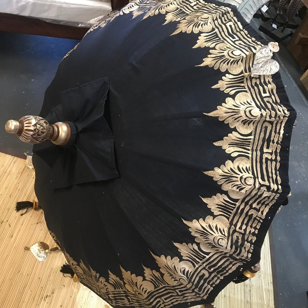 Large 2mtr round canopy Balinese umbrella printed, carved wooden 2 pce Pole