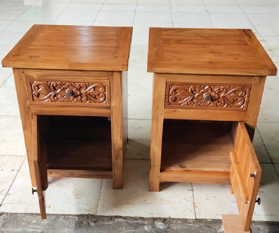 Bedside Cabinet Teak Hand carved 1 drawer 1 door Natural