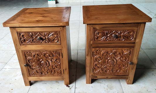 Bedside Cabinet Teak Hand carved 1 drawer 1 door Natural