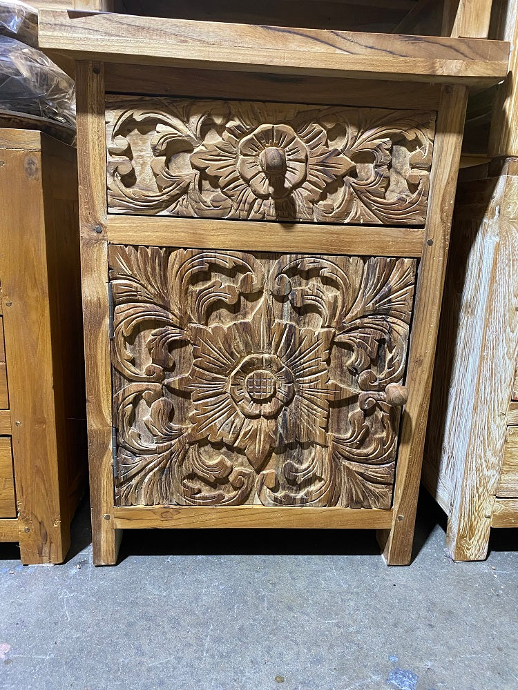 Teak Hand carved Bedside cabinet Light Natural wash