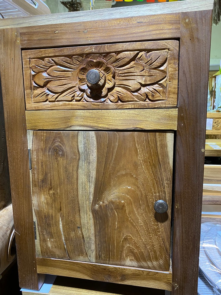 Bedside Cabinet Teak Hand carved Drawer plain door