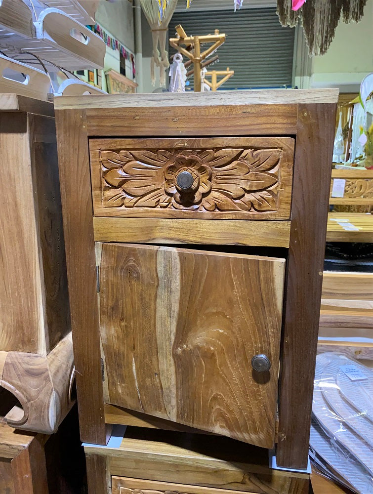 Bedside Cabinet Teak Hand carved Drawer plain door
