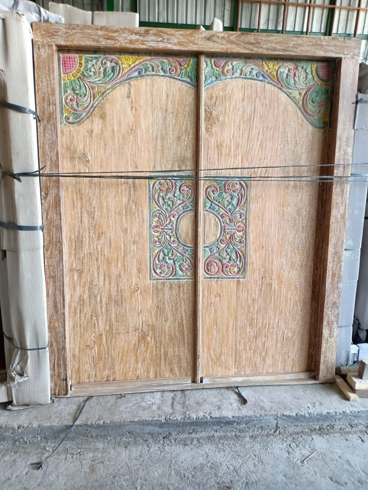 Balinese Teak carved Temple door with frame,.coloured carving.