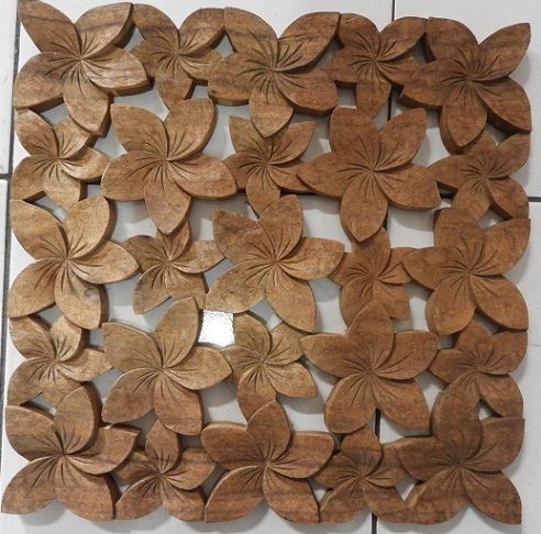 Frangipani hand carved natural timber panel 45cm sq