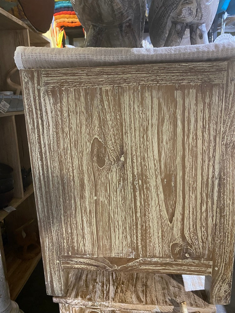 Recycled Teakwood Lowline creamwash Cabinet 3 carved Doors 150cmx45cmx55cmht
