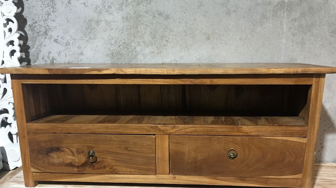 Teak Low 2 draw TV cabinet with open shelf 125cm long (Natural teak stain)