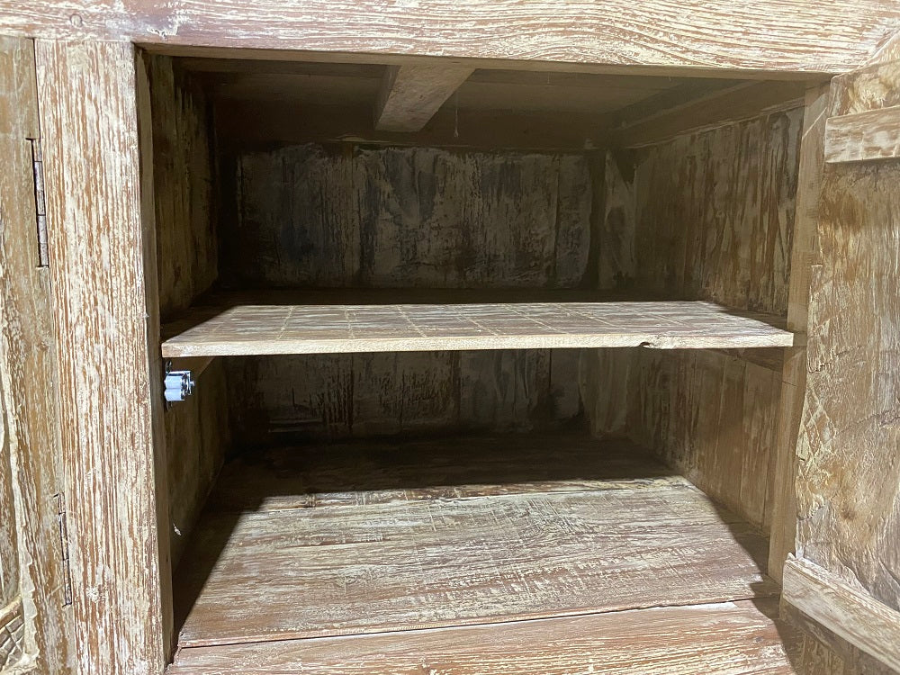 Recycled Teakwood Lowline creamwash Cabinet 3 carved Doors 150cmx45cmx55cmht