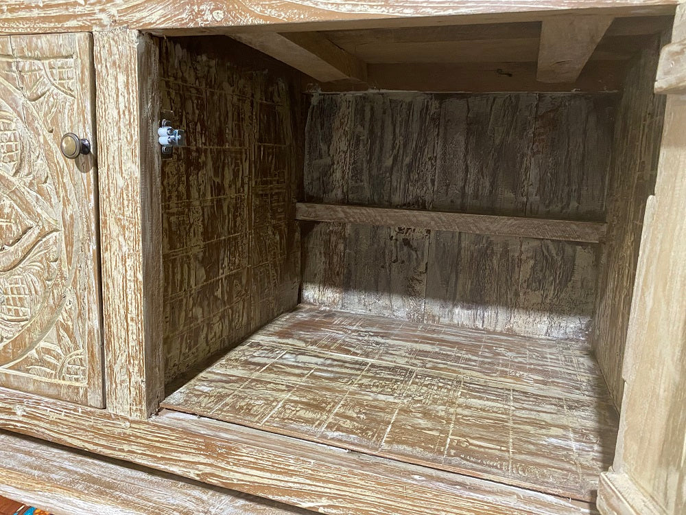 Recycled Teakwood Lowline creamwash Cabinet 3 carved Doors 150cmx45cmx55cmht