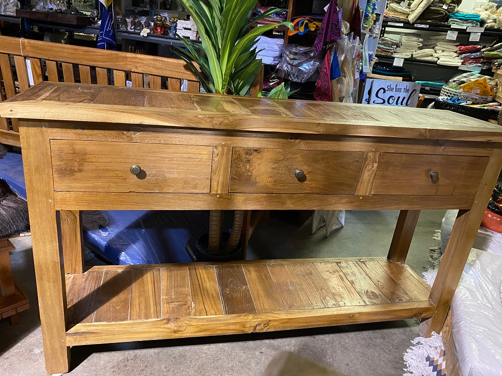 Recycled Teak Consul / Sideboard / Cabinet 3 drawers 1 shelf 140cm