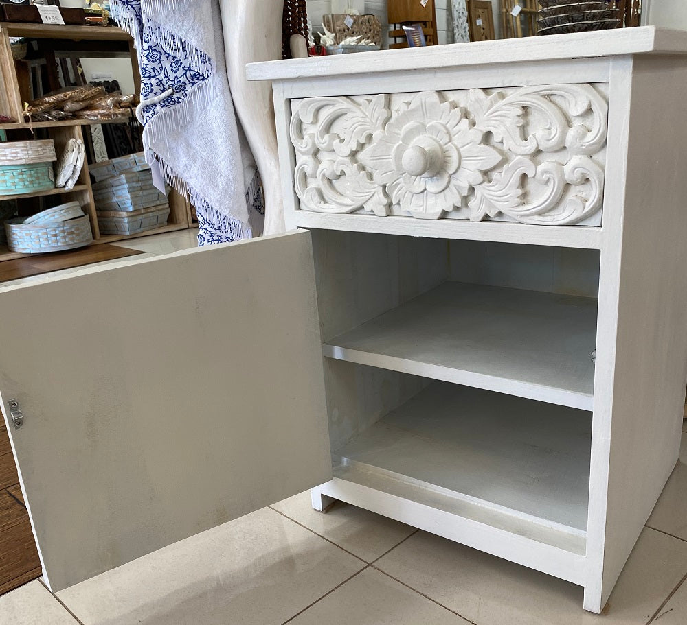 Bedside Cabinet Teak Hand carved 1 drawer 1 door white