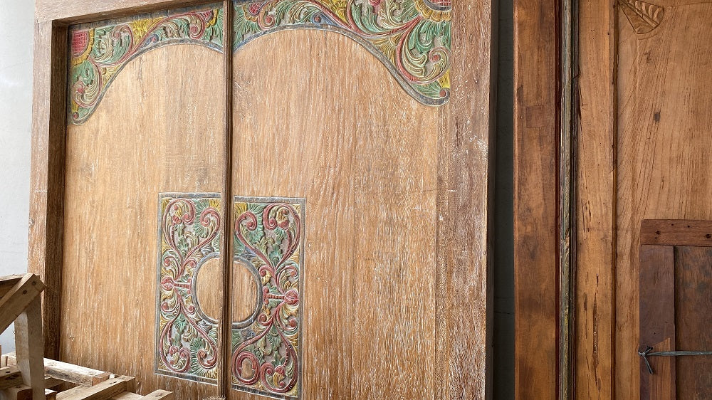 Balinese Teak carved Temple door with frame,.coloured carving.