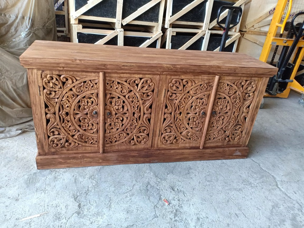Mas Recycled Teakwood Sideboard/cabinet with 4 handcarved doors 180cm length 80cm ht