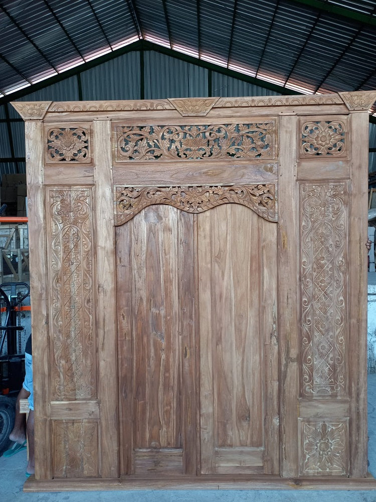 Balinese Doors Recycled Teak Hand Carved with Side Panels - Natural  Finish