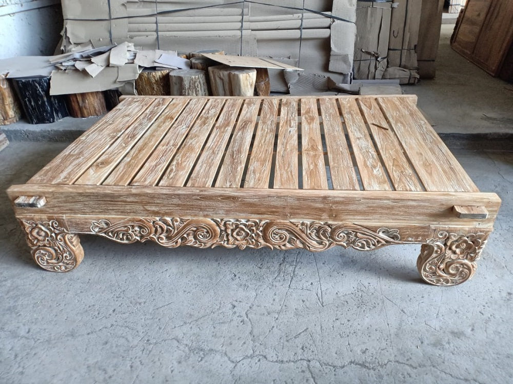 Toyo Kartini King Single Bed Base/Daybed Platform Handcarved Recycled Teak Natural wash finish