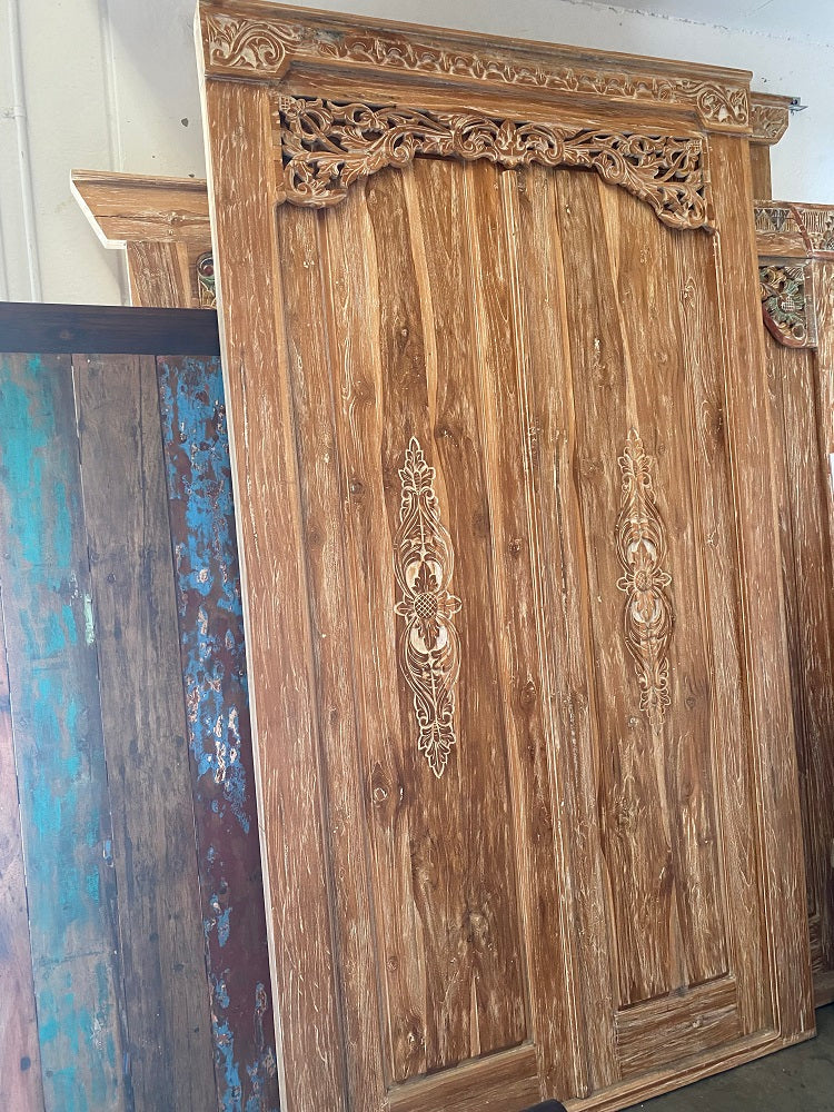 Teak Temple Door Hand carved Detail Natural wash finish