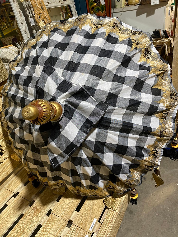 Medium 1 mtr round Balinese umbrella printed, Carved wooden 2 pce Pole