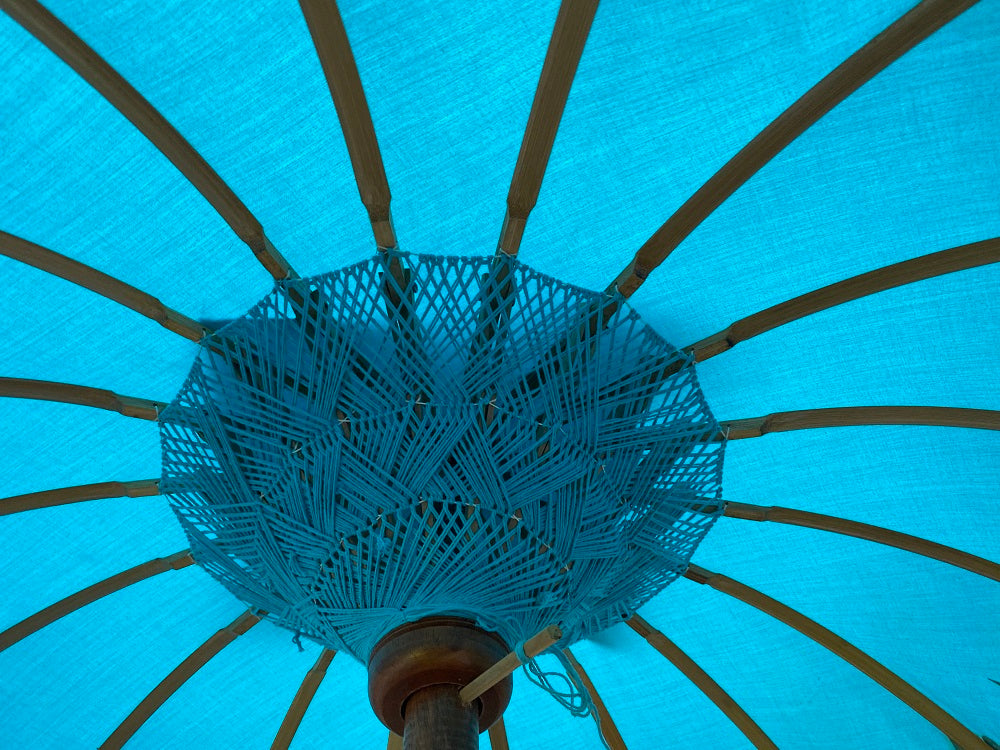 Large 2 mtr round Balinese umbrella printed, Carved wooden 2 pce Pole - Red