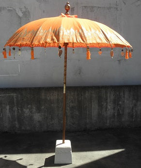 Large 2 mtr round Balinese umbrella printed, Carved wooden 2 pce Pole - Red