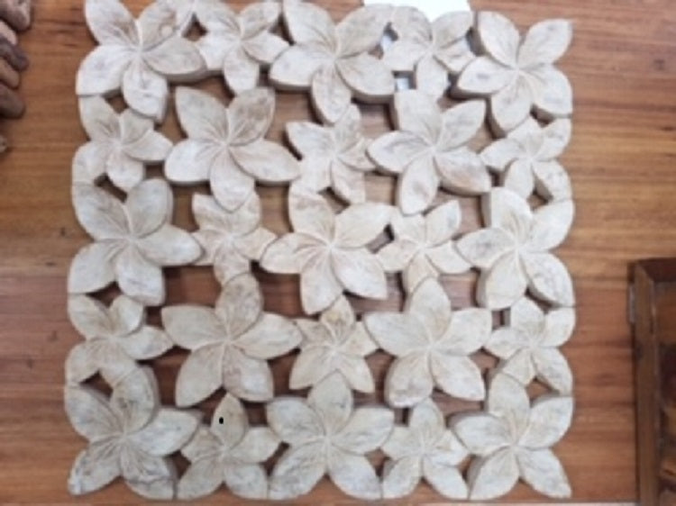 Frangipani hand carved natural timber panel 45cm sq