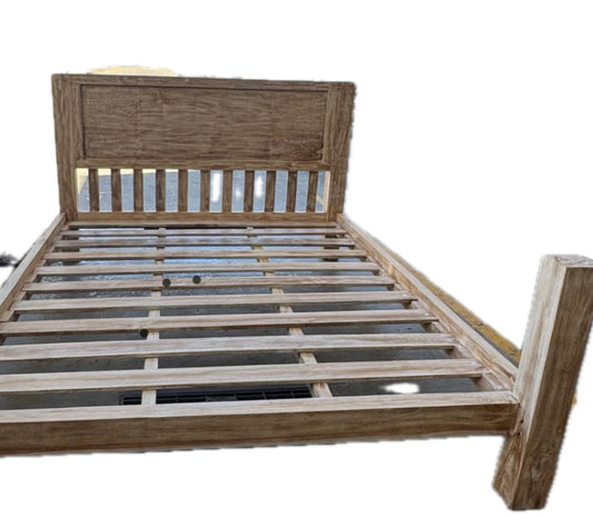 Batubulan Teak Bed with Hand Carved Timor  design Bedhead Queen Creamwash