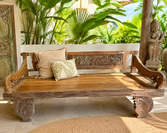 Mas Madura refurbished Original Teak Hand Carved  Daybed curved arms (Natural finish)