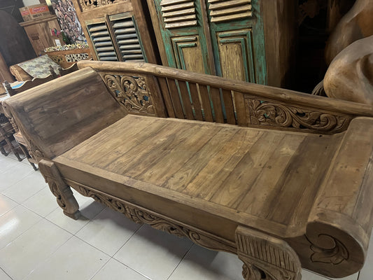 Chaise Kartini Daybed Original Teak Hand Carved  Daybed curved arm (Natural finish)