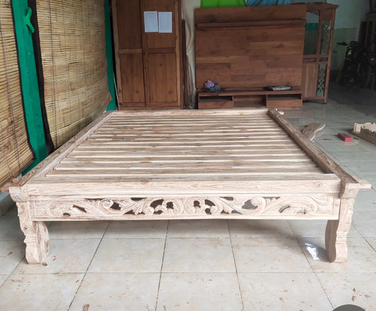 Mas Kartini King Handcarved  Recycled Teak Bed base / Daybed platform   (cream wash)
