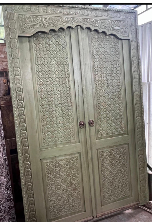Indonesian Teak fully carved painted Temple style door with carved frame. Sage colour