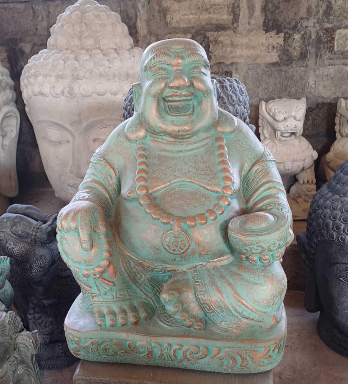 Buddha Happy sitting Handcarved cement  painted 55 cm ht statue green gold highlights