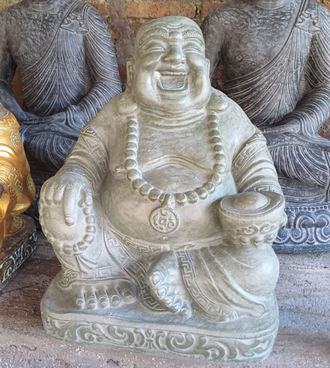 Buddha Happy sitting Handcarved cement  painted 55 cm ht statue green gold highlights