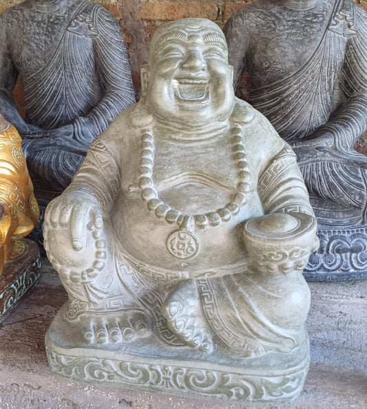 Buddha Happy sitting Handcarved cement  painted 55 cm ht statue grey