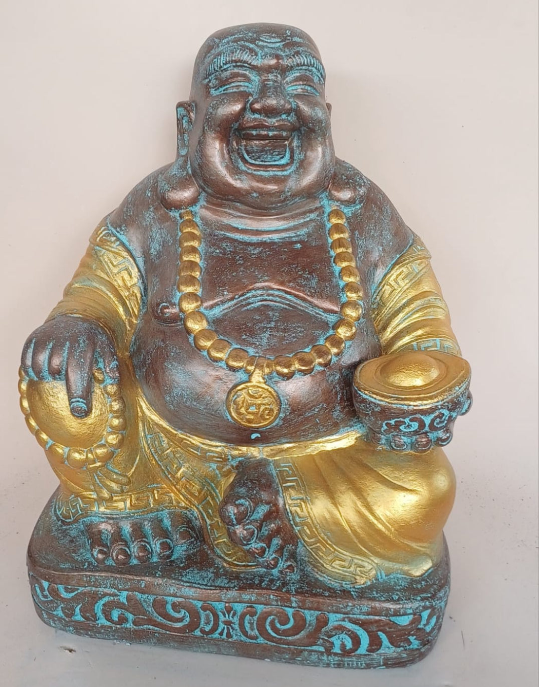 Buddha Happy sitting Handcarved cement  painted 55 cm ht statue green gold highlights