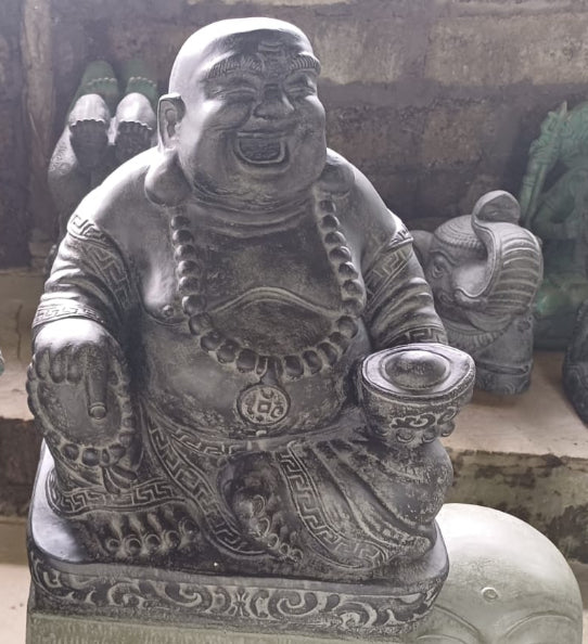 Buddha Happy sitting Handcarved cement  painted 55 cm ht statue green gold highlights