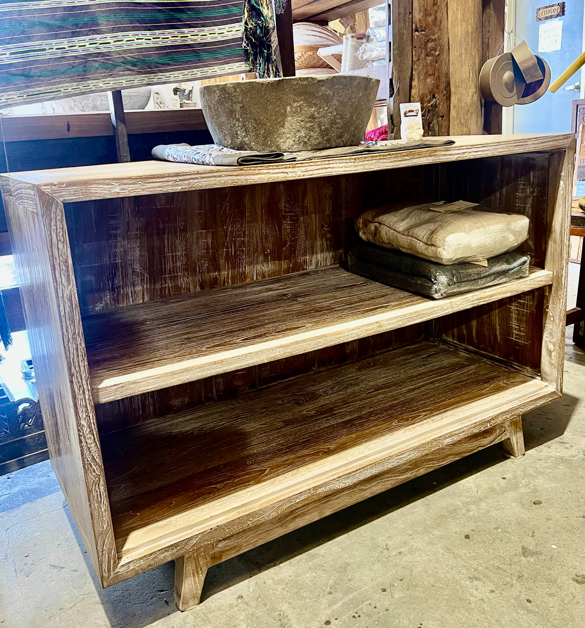 Mas Sideboard/ shelf cabinet recycled teakwood cream wash 120cm lengthx50cmx80cmht