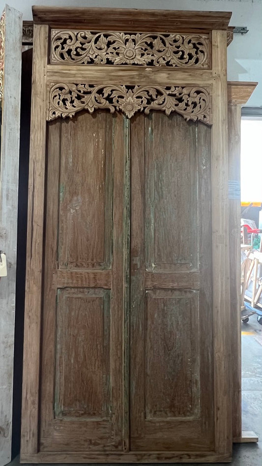 Antique Original  pre used Teak Door natural finish rub back original paint  with carving