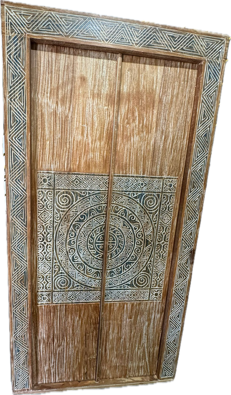 Indonesian Teak carved Timor Geometric design Temple door with  carved frame and Door panels