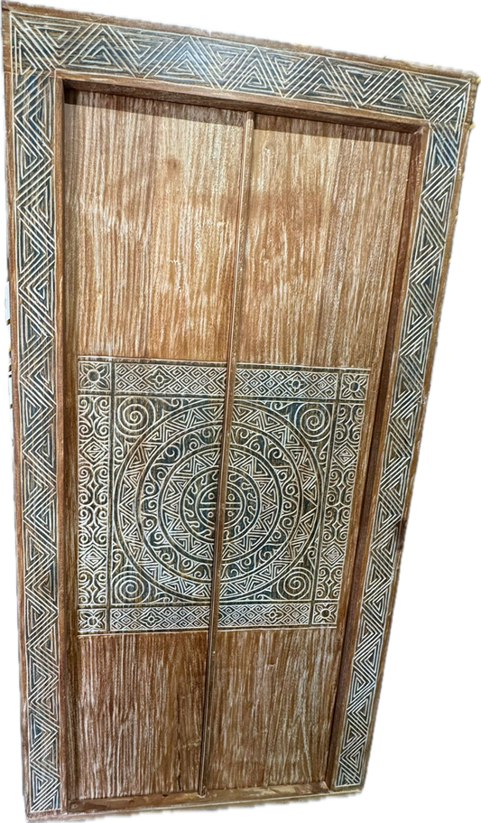 Indonesian Teak carved Timor Geometric design Temple door with  carved frame and Door panels