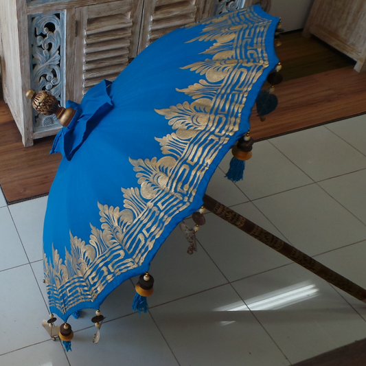 Large 2 mtr round Balinese umbrella printed, Carved wooden 2 pce Pole - Blue