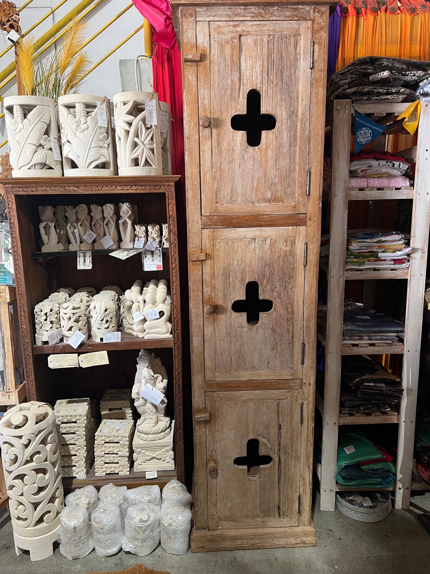 Antique Teak Tall Narrow  3 Door Cabinet simple carving in doors,removable shelves