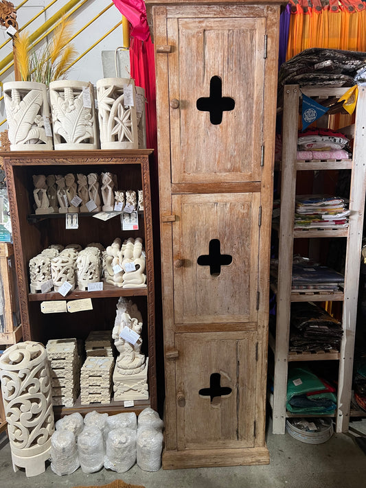 Antique Teak Tall Narrow  3 Door Cabinet simple carving in doors,removable shelves