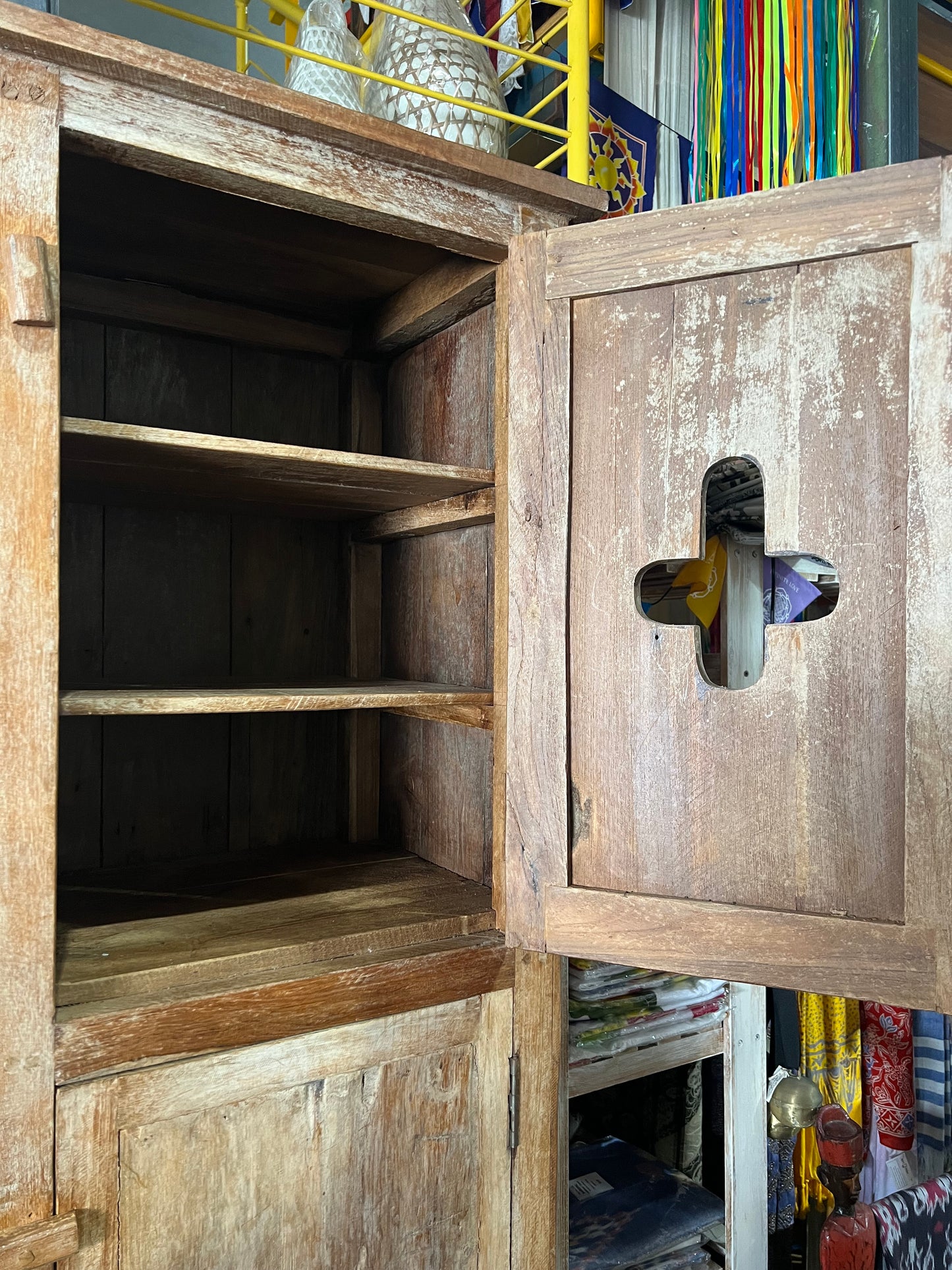 Antique Teak Tall Narrow  3 Door Cabinet simple carving in doors,removable shelves