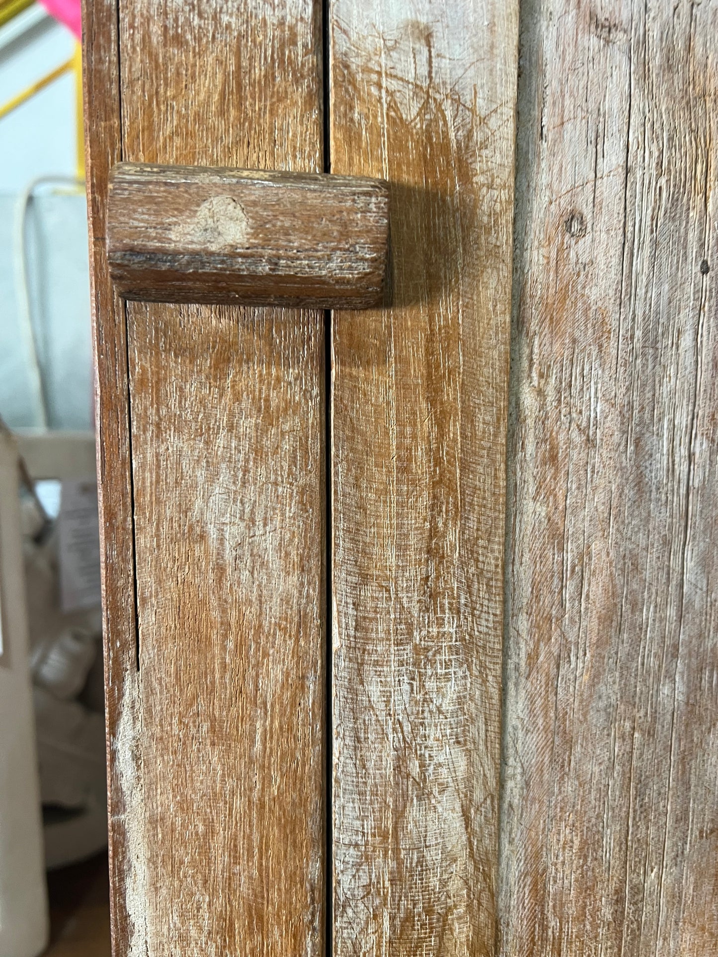 Antique Teak Tall Narrow  3 Door Cabinet simple carving in doors,removable shelves