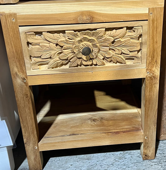 Bedside Teak  1 Carved Drawer 1 shelf  (Natural) Pair