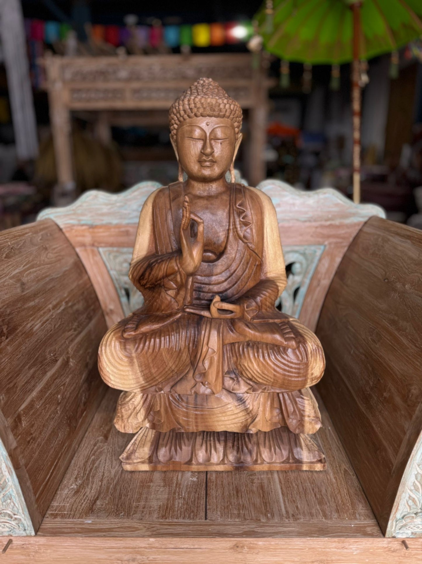 Buddha Wooden 85cm ht  sitting on lotus.  Preach and Teaching pose.