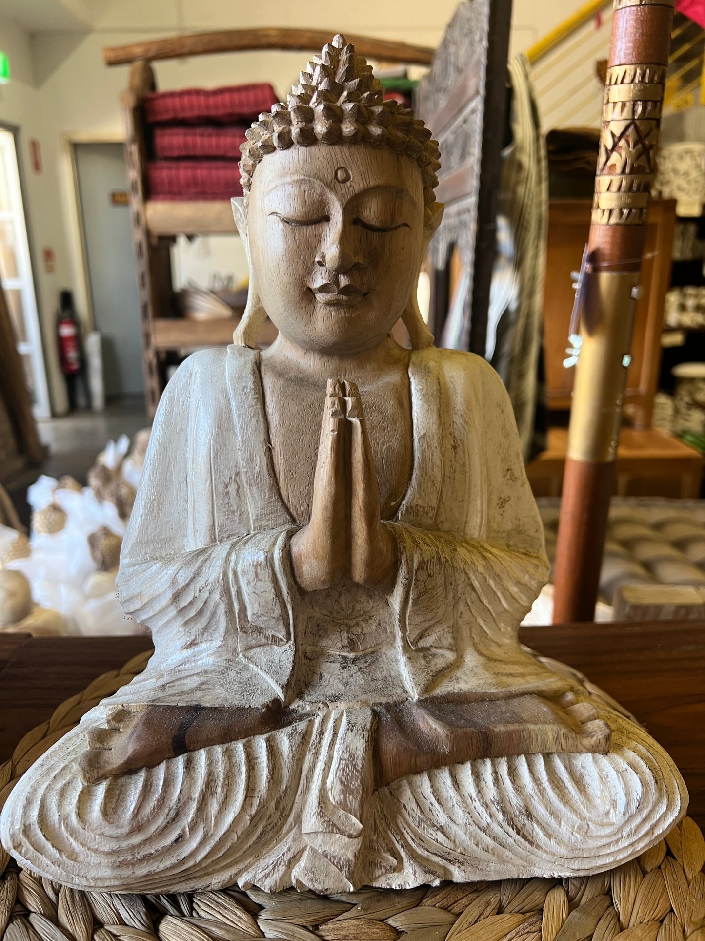 Buddha Wood  Praying hand carved 30cm White robes